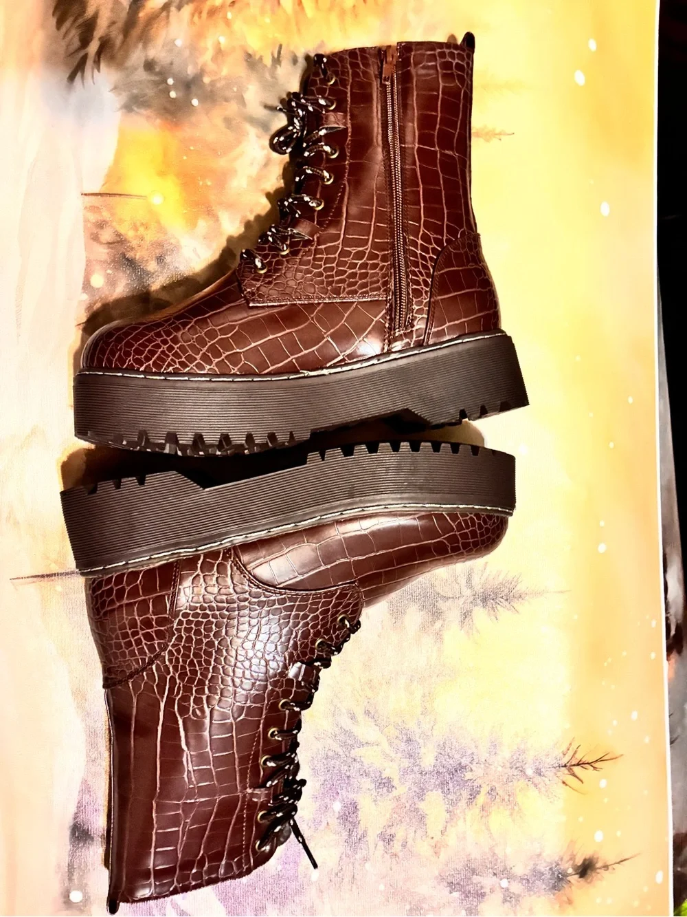 Croc-Embossed Brown Combat Boots 8.5